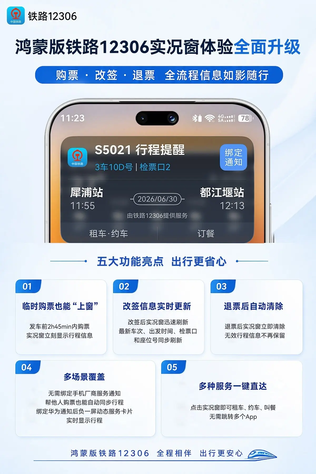 暑期出行更省心!鸿蒙版铁路12306实况窗升级,临时购票也能秒“上窗”