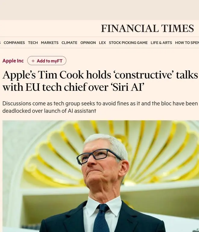 苹果CEO库克与欧盟官员就Siri AI僵局举行会谈,寻求合规与免罚方案