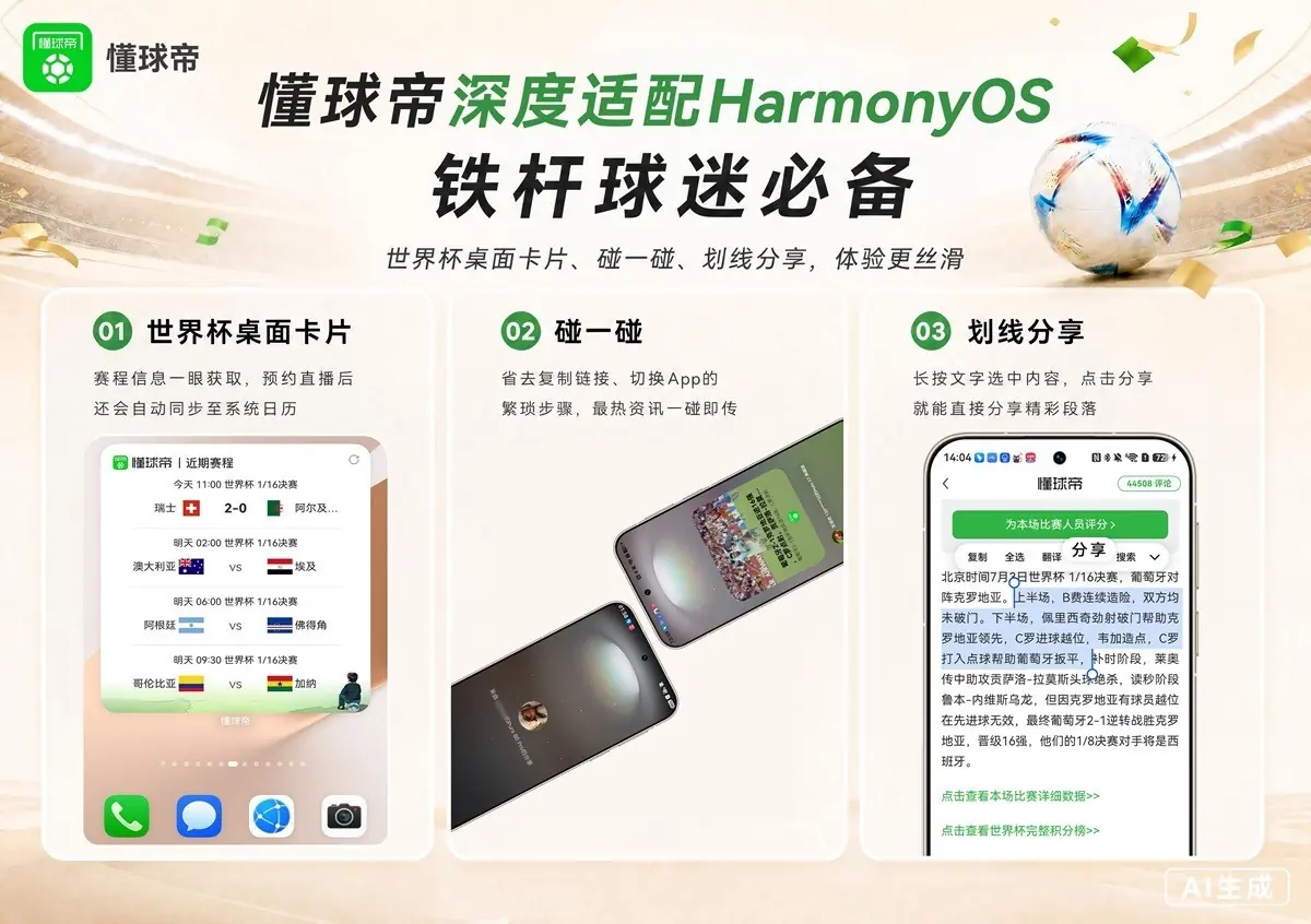 碰一碰、划线分享、世界杯桌面卡片,铁杆球迷必备鸿蒙版懂球帝!