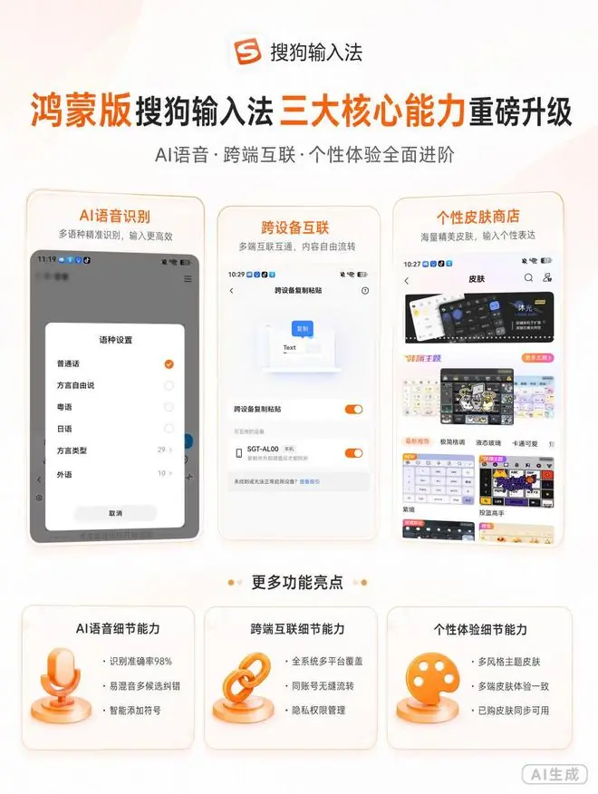鸿蒙版搜狗输入法重磅更新:AI语音识别、跨设备互联、个性化体验三重升级