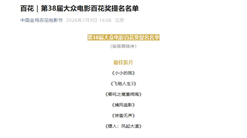 第38届大众电影百花奖提名名单揭晓